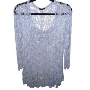 EUC Cocco Bella Italy Lace Crochet Long Sleeve Top Light Blue Large Ruffle Hem